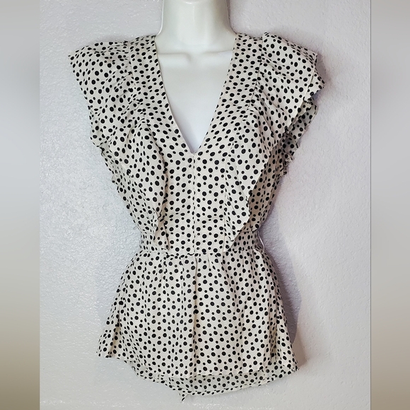 Max Studio Ruffled Flutter Sleeve Chiffon Tied Waist Polka Dot Ruffle Sleeve Top - Picture 1 of 9